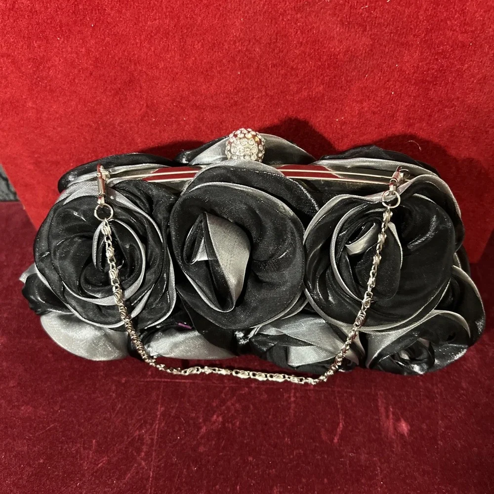Women Satin Rose Rhinestone Black / Gray Color Handbag Silver tone chain - Picture 6 of 14